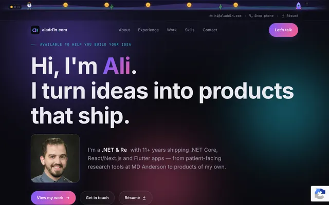 aladd1n.com homepage — dark hero with animated aurora background and a playable mini-game band across the top
