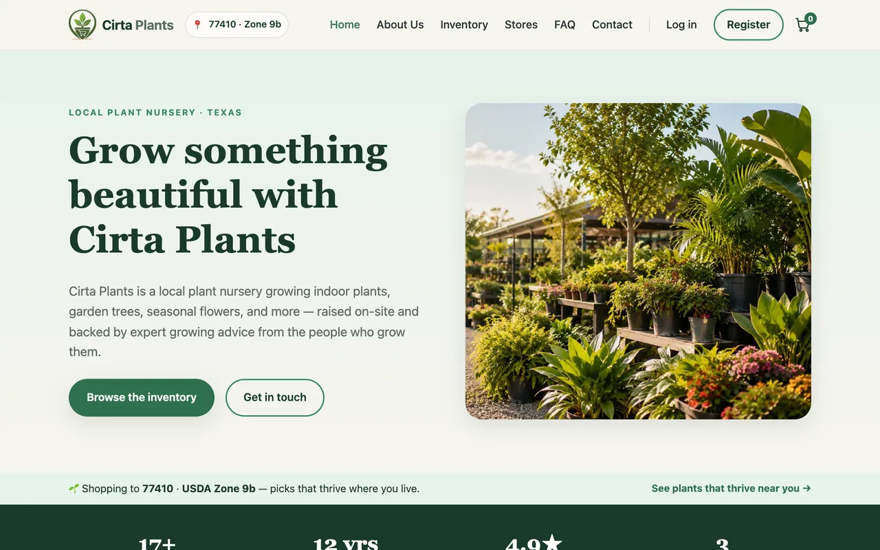 cirtaplants.com homepage — a local Texas plant nursery storefront with plant cards, prices and add-to-cart buttons