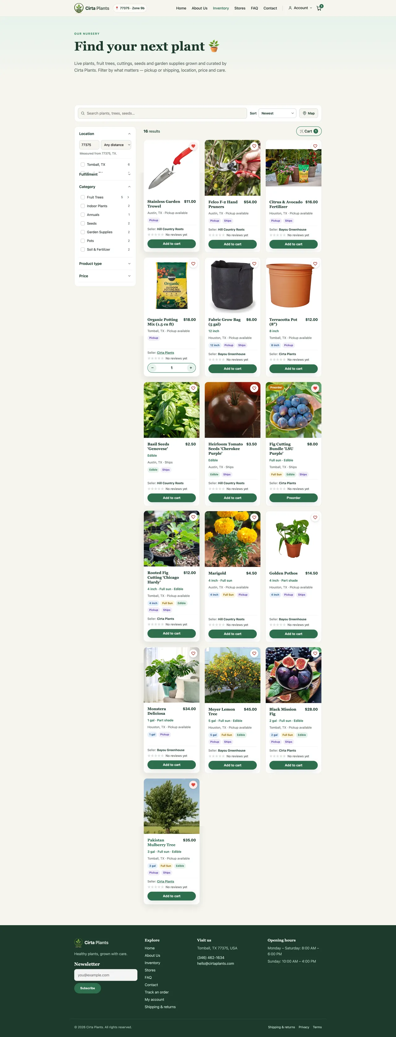 The Cirta Plants inventory page: filters for location, category, fulfillment and price beside a grid of plants with prices and add-to-cart buttons