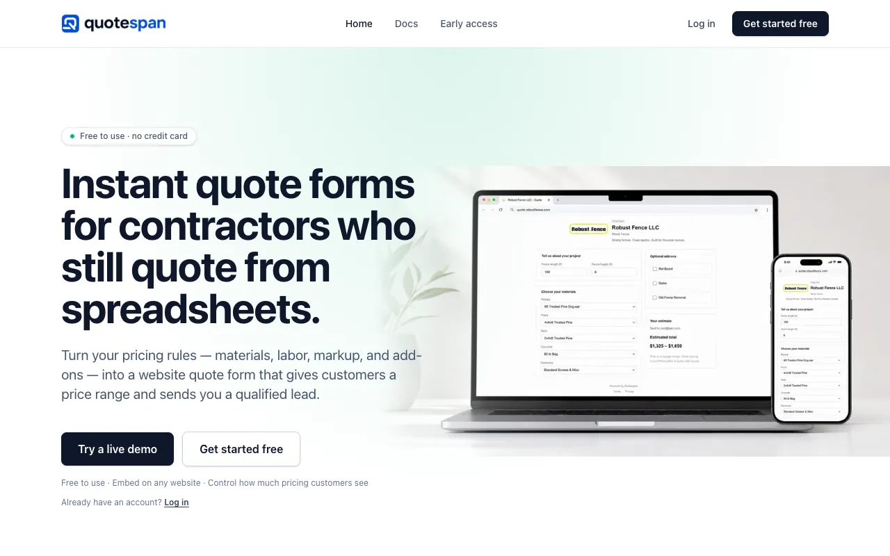 quotespan.com homepage — instant quote forms for contractors, with a laptop and phone showing an embedded fence-quoting form