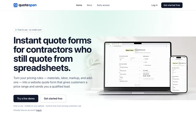 quotespan.com homepage — instant quote forms for contractors, with a laptop and phone showing an embedded fence-quoting form