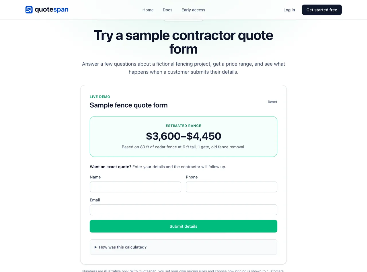 The instant estimate result: a $3,600–$4,450 price range with a lead-capture form beneath it