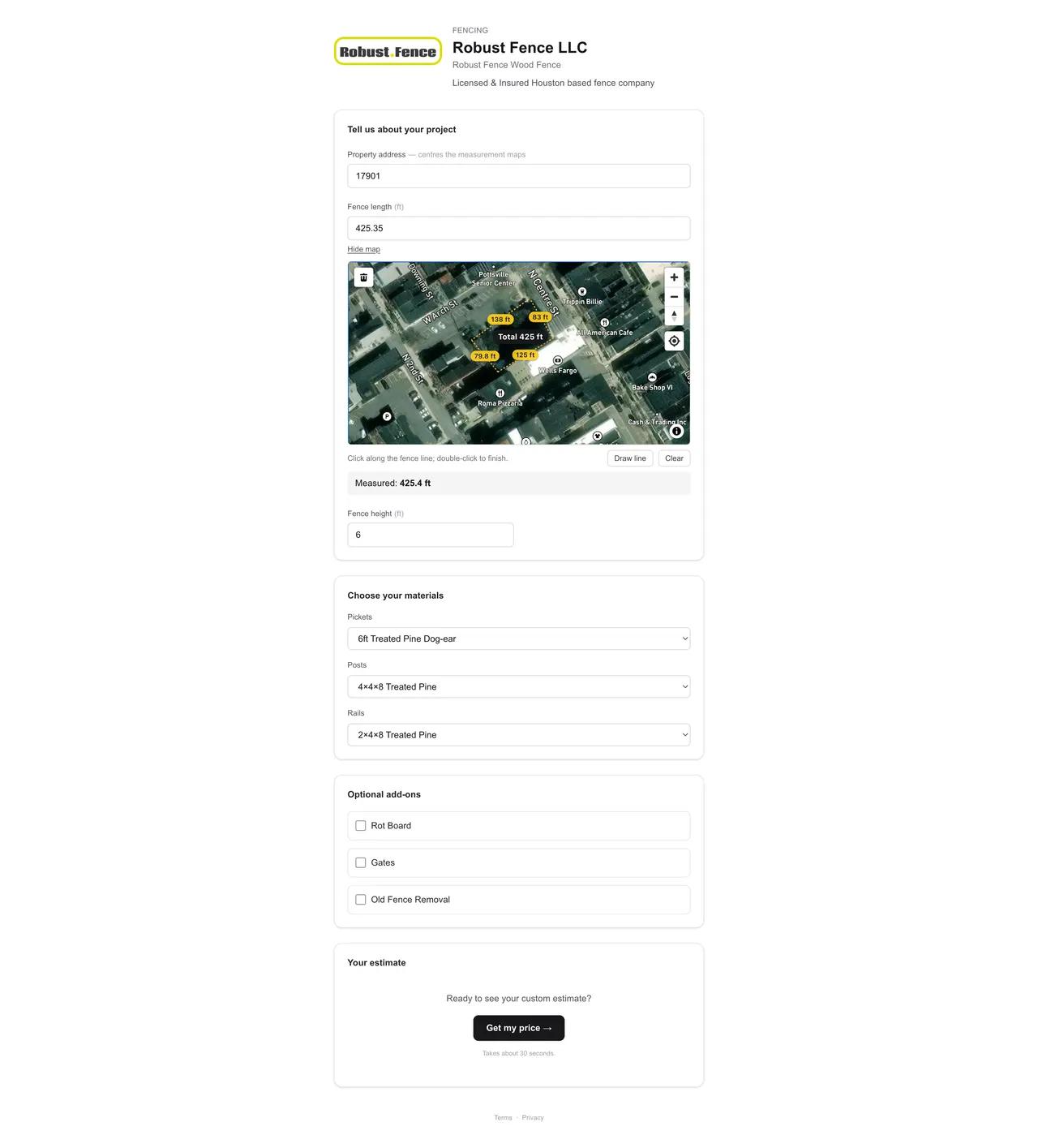 A Robust Fence quote form with a satellite map where the homeowner has drawn their fence line, measured at 425 ft