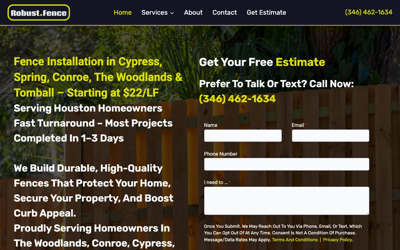 robustfence.com homepage — fence photo hero with pricing headline and a free-estimate form above the fold