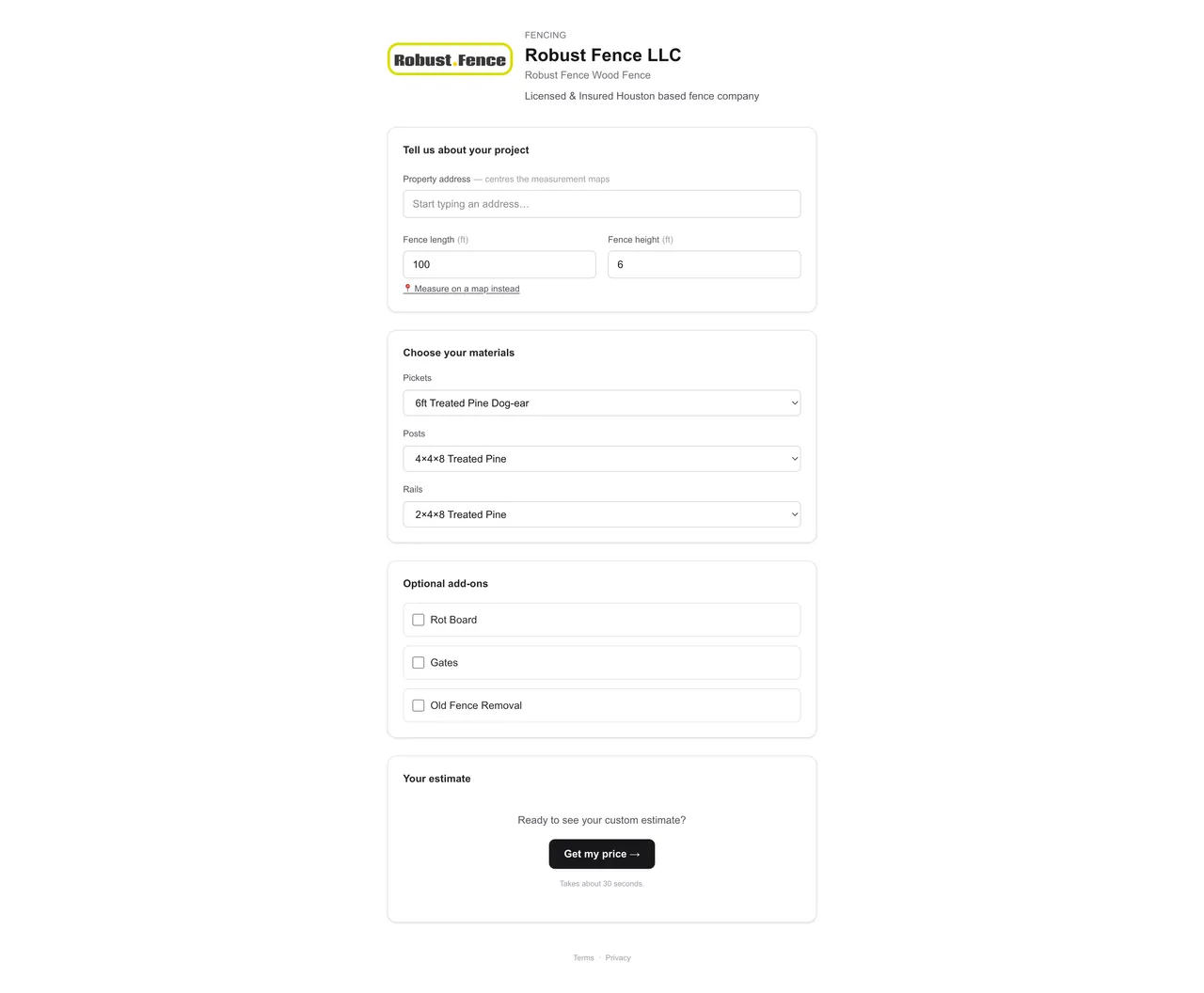 The Robust Fence instant estimate form: project details, material choices and optional add-ons, ending in a Get my price button