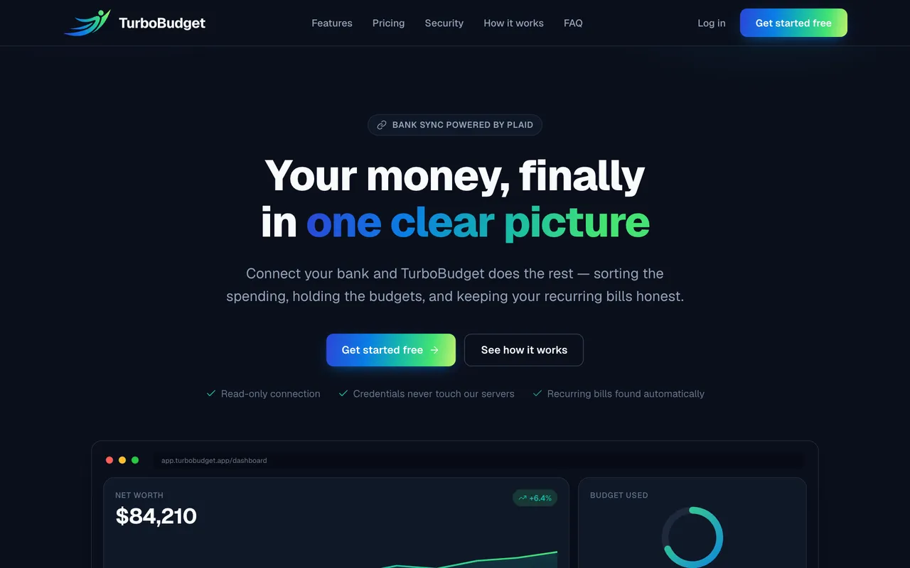 turbobudget.app homepage — dark hero reading "Your money, finally in one clear picture" with a dashboard preview