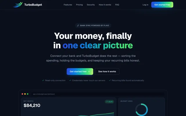 turbobudget.app homepage — dark hero reading "Your money, finally in one clear picture" with a dashboard preview
